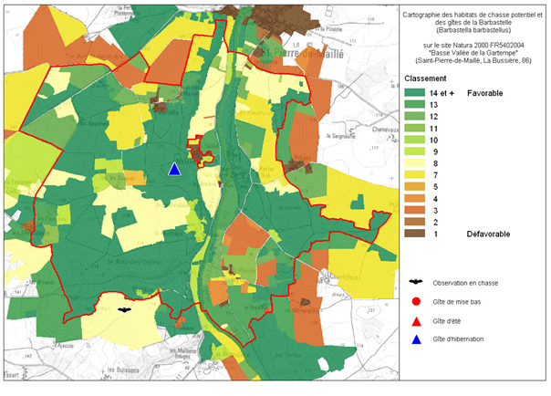 Répartition de la Barbastelle d'Europe sur le site Natura 2000