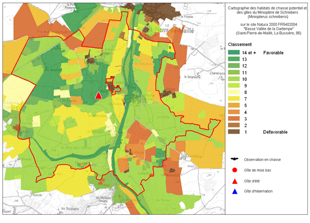 Répartition du Minioptère de Schreibers sur le site Natura 2000