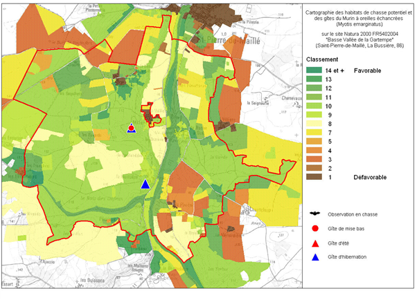 Répartition du Murin à oreilles échancrées sur le site Natura 2000