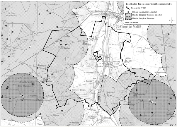 Carte de répartition du Triton Crêté sur le site Natura 2000.